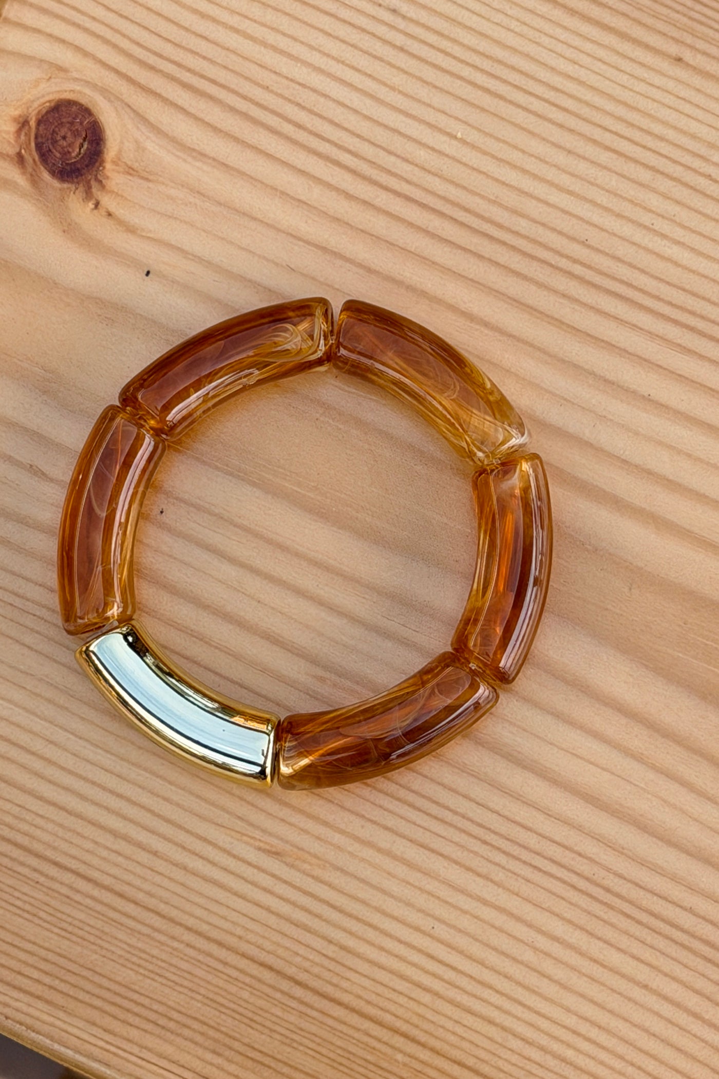Bracelet élastique style jonc en perles acetate marron écaille et dorée