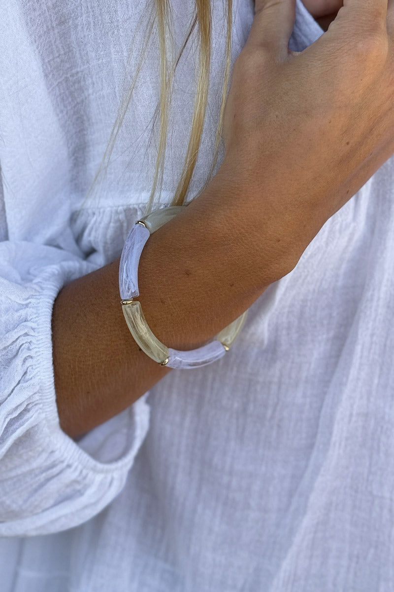 White and Light Yellow Marbled Tube Bead Bangle
