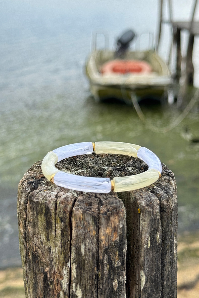 White and Light Yellow Marbled Tube Bead Bangle
