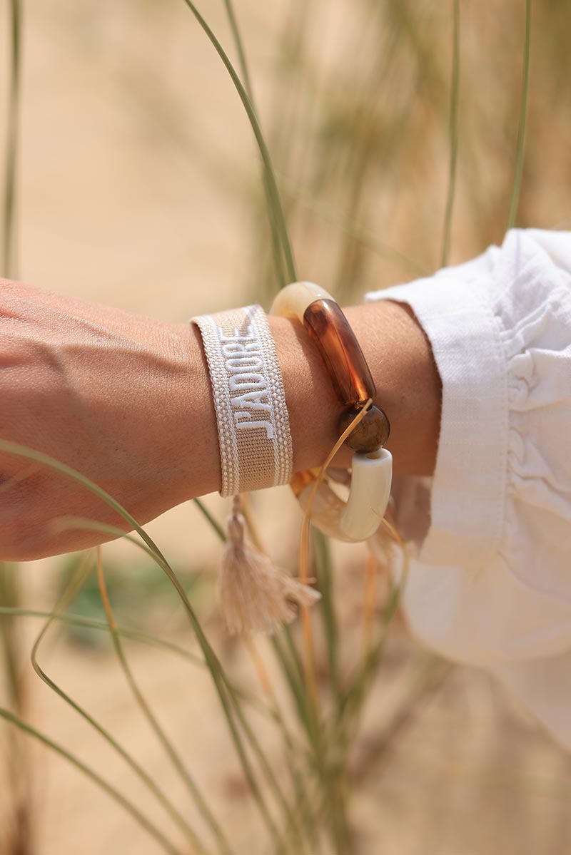 Beige fabric bracelet with ecru 'J'adore' embroidery 