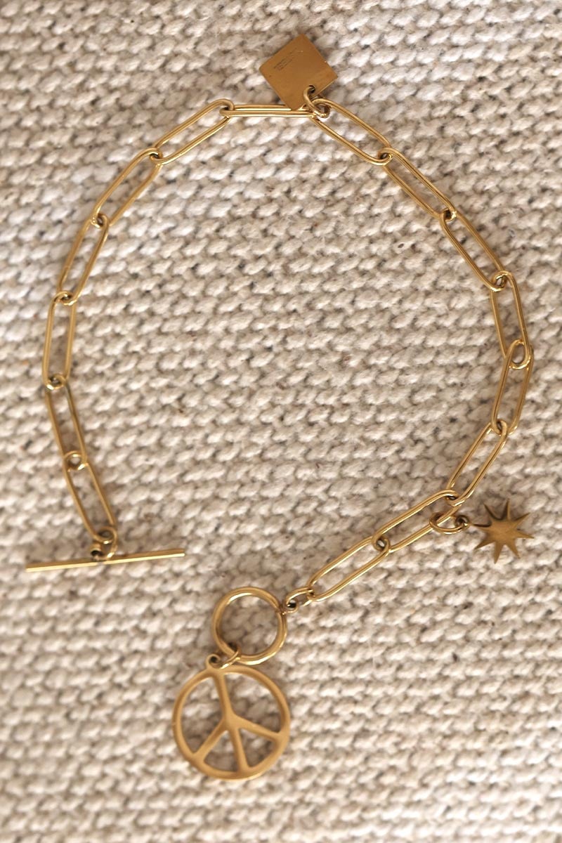 Bracelet grosses maille dorée pendentif peace and love bijoux pour femme H008