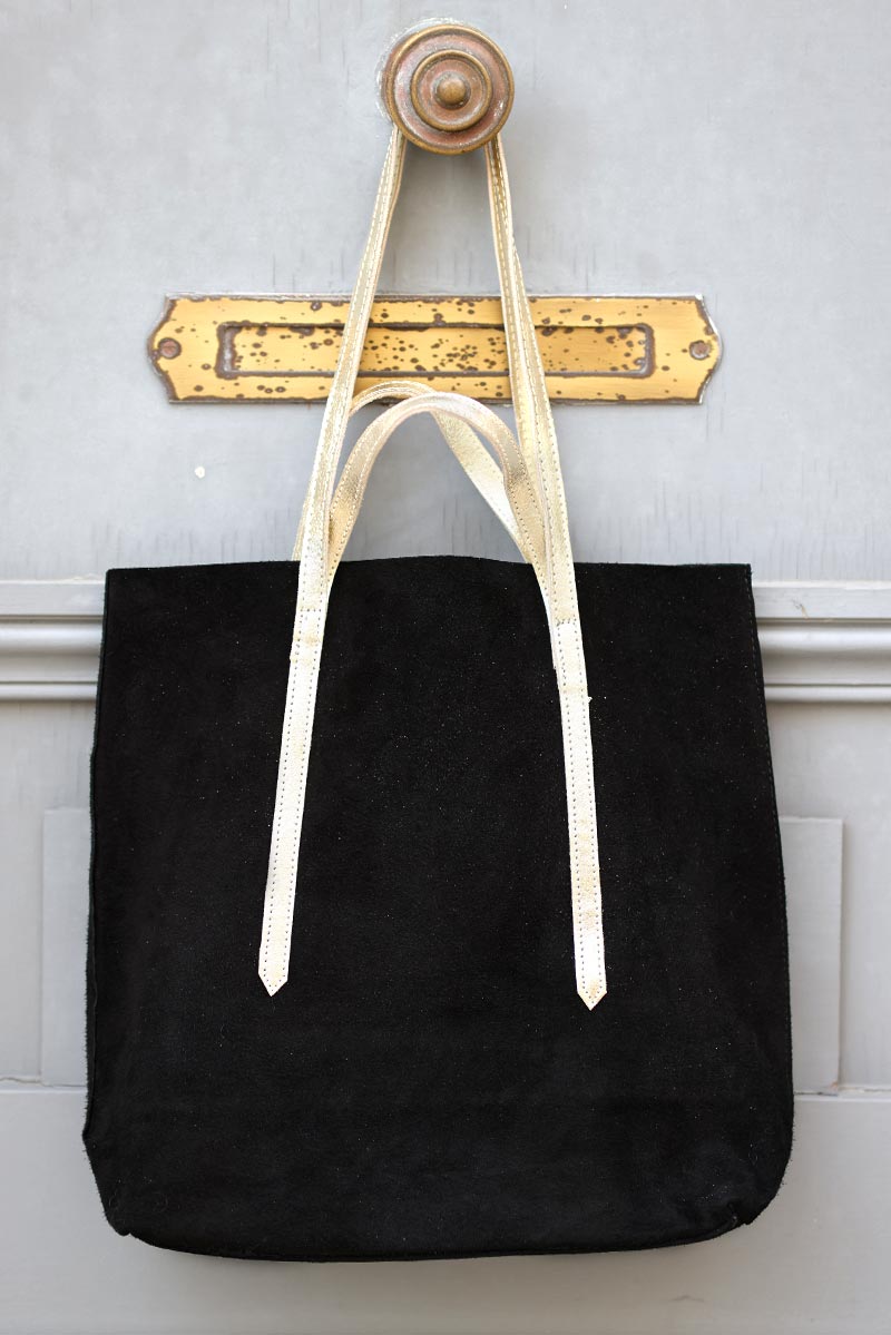 Cabas noir matière cuir velours double anses dorées sac femme pratique G030