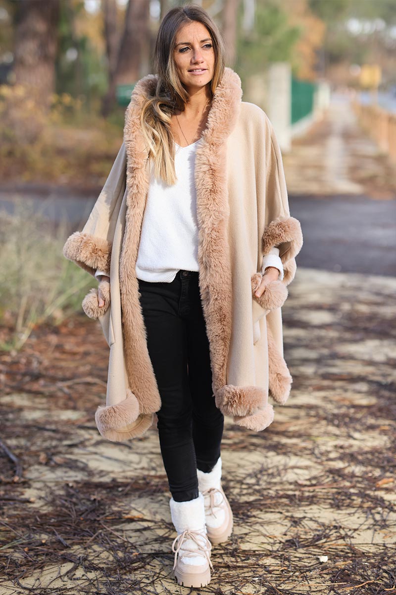 Super soft ice brown hooded cape with faux fur edging