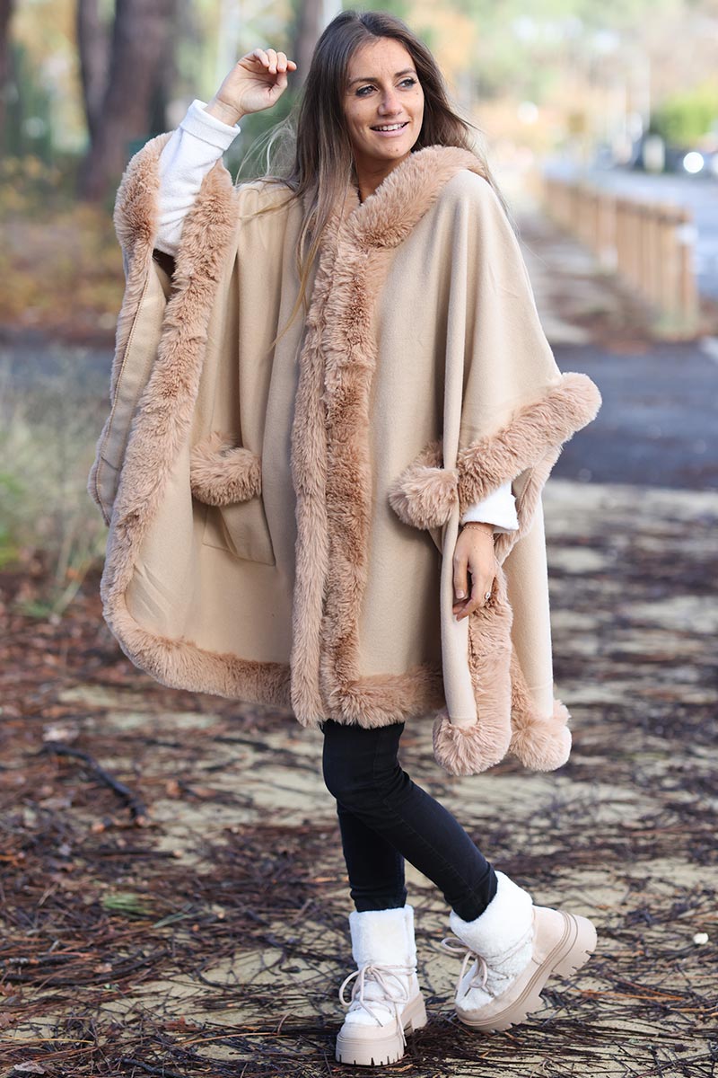 Super soft ice brown hooded cape with faux fur edging