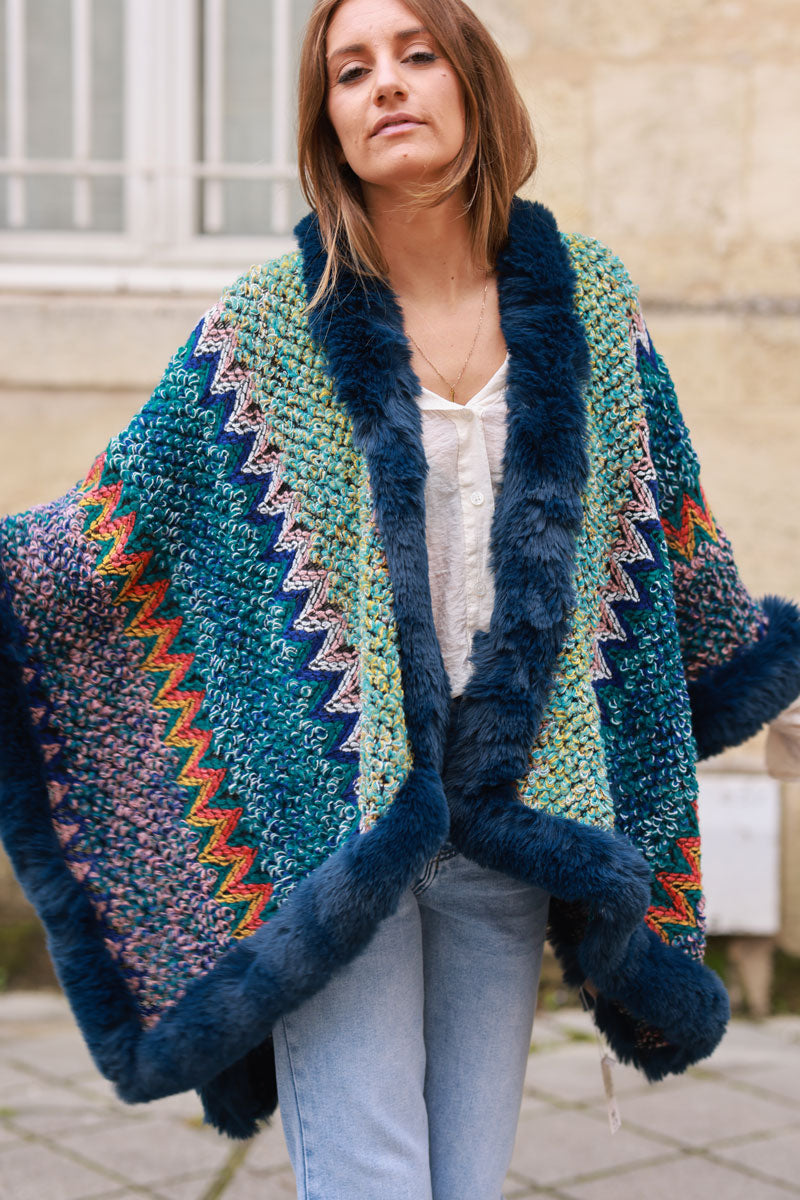 Peacock blue Zig-Zag Sweater Knit Shawl with Faux Fur Trim