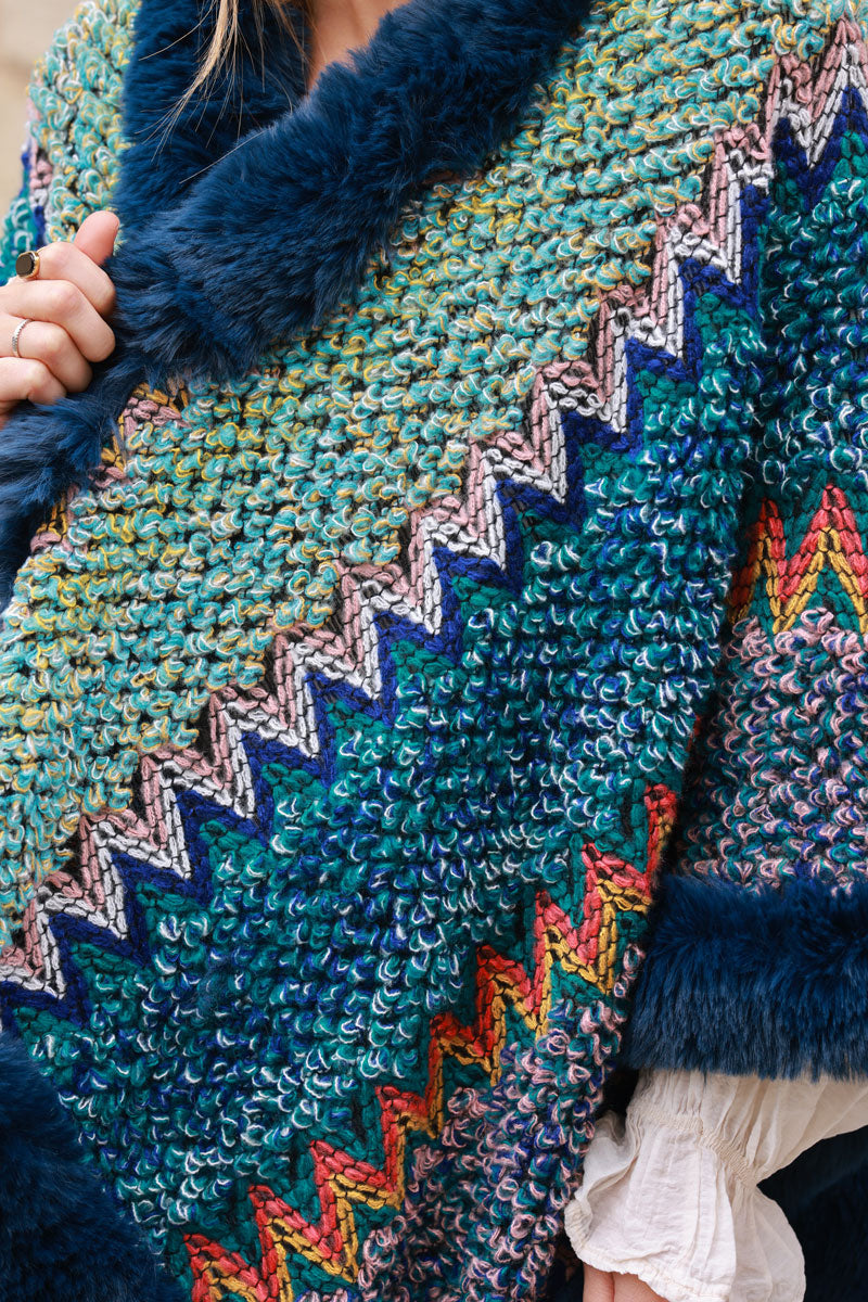 Peacock blue Zig-Zag Sweater Knit Shawl with Faux Fur Trim