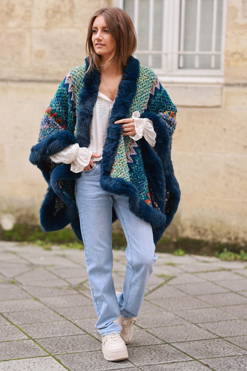 Peacock blue Zig-Zag Sweater Knit Shawl with Faux Fur Trim