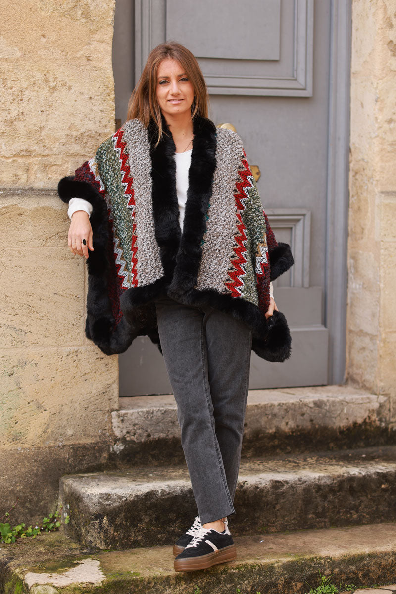 Black Zig-Zag Sweater Knit Shawl with Faux Fur Trim