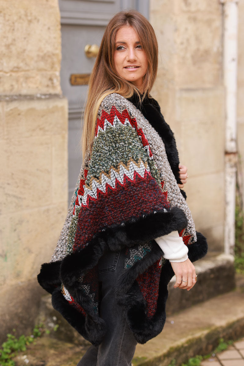 Black Zig-Zag Sweater Knit Shawl with Faux Fur Trim