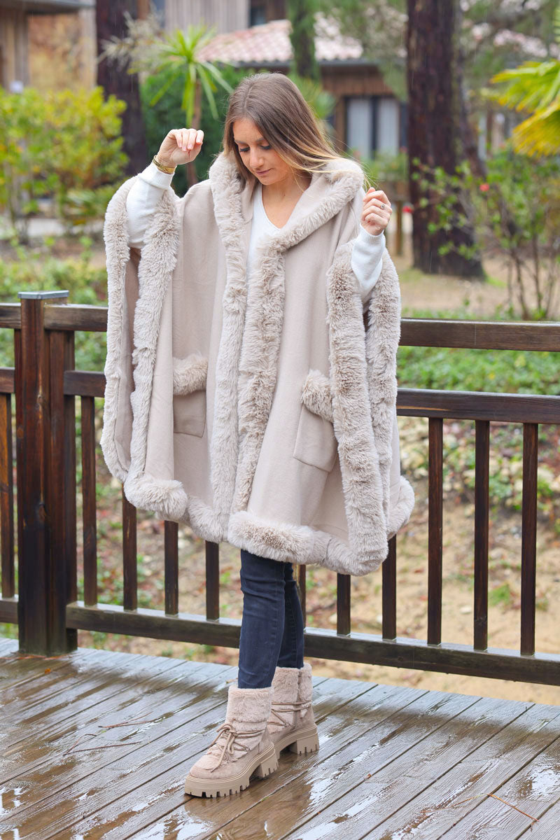 Super soft beige hooded cape with faux fur edging