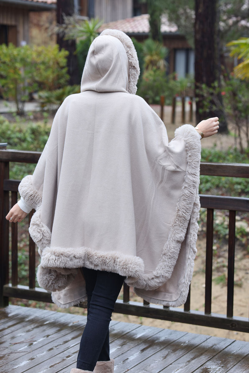 Super soft beige hooded cape with faux fur edging