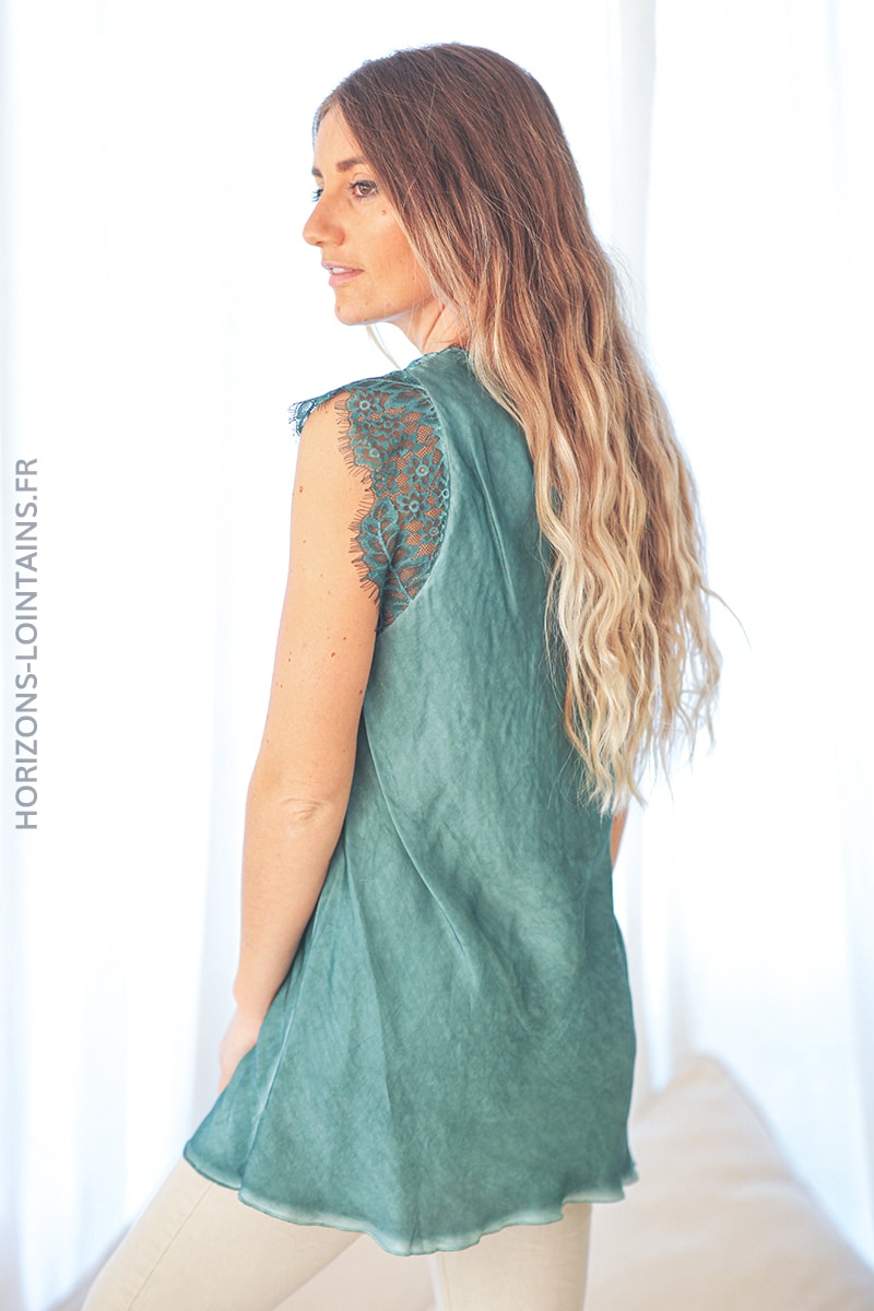 Celadon green camisole with lace cap sleeves