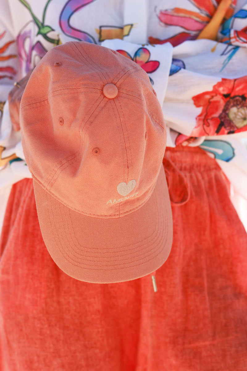 Casquette orange pastel réglable pour femme broderie cœur Amour beige