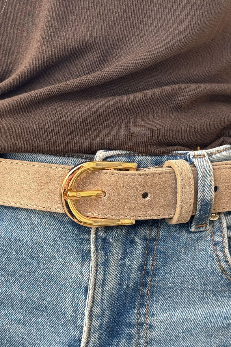 Beige Nubuck Leather Belt with Goldtone Buckle