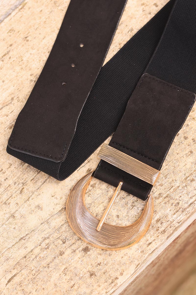 Black suedette elasticated belt with gold relief buckle