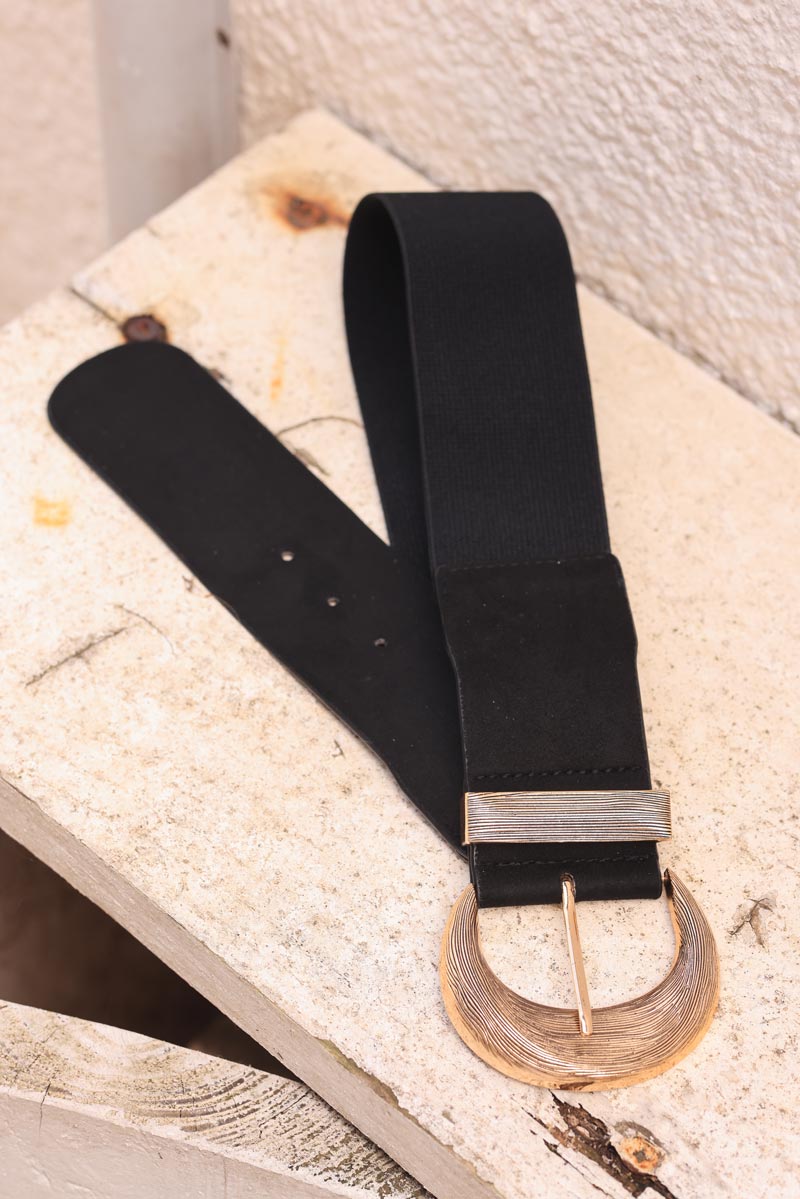 Black suedette elasticated belt with gold relief buckle