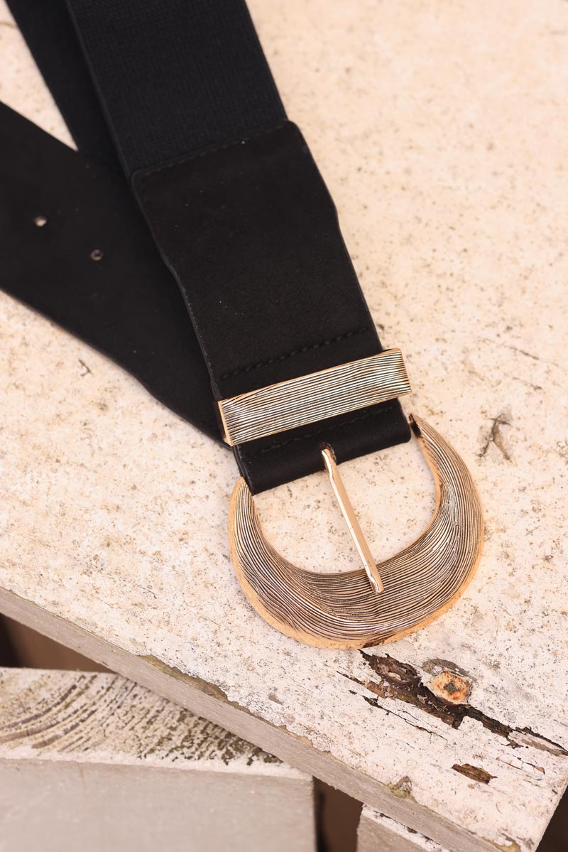 Black suedette elasticated belt with gold relief buckle