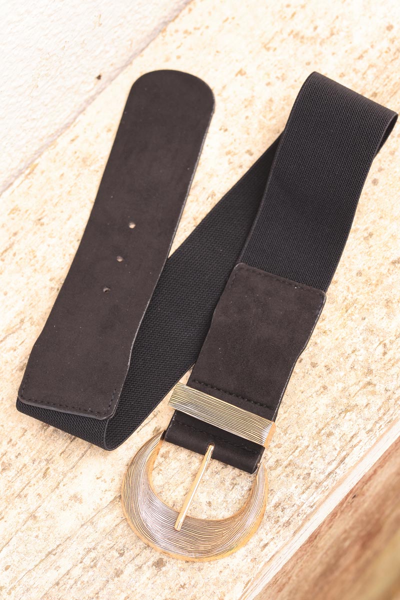 Black suedette elasticated belt with gold relief buckle