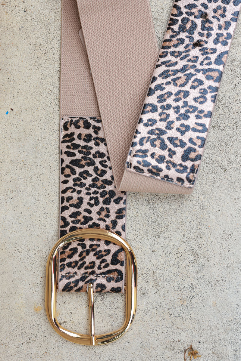 Beige leopard elastic belt with gold buckle