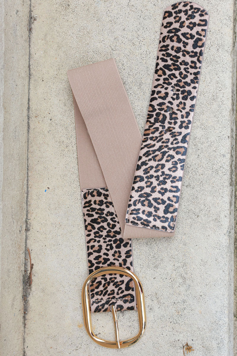 Beige leopard elastic belt with gold buckle