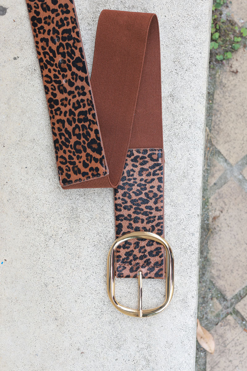 Ceinture élastique motif léopard brillant camel boucle dorée