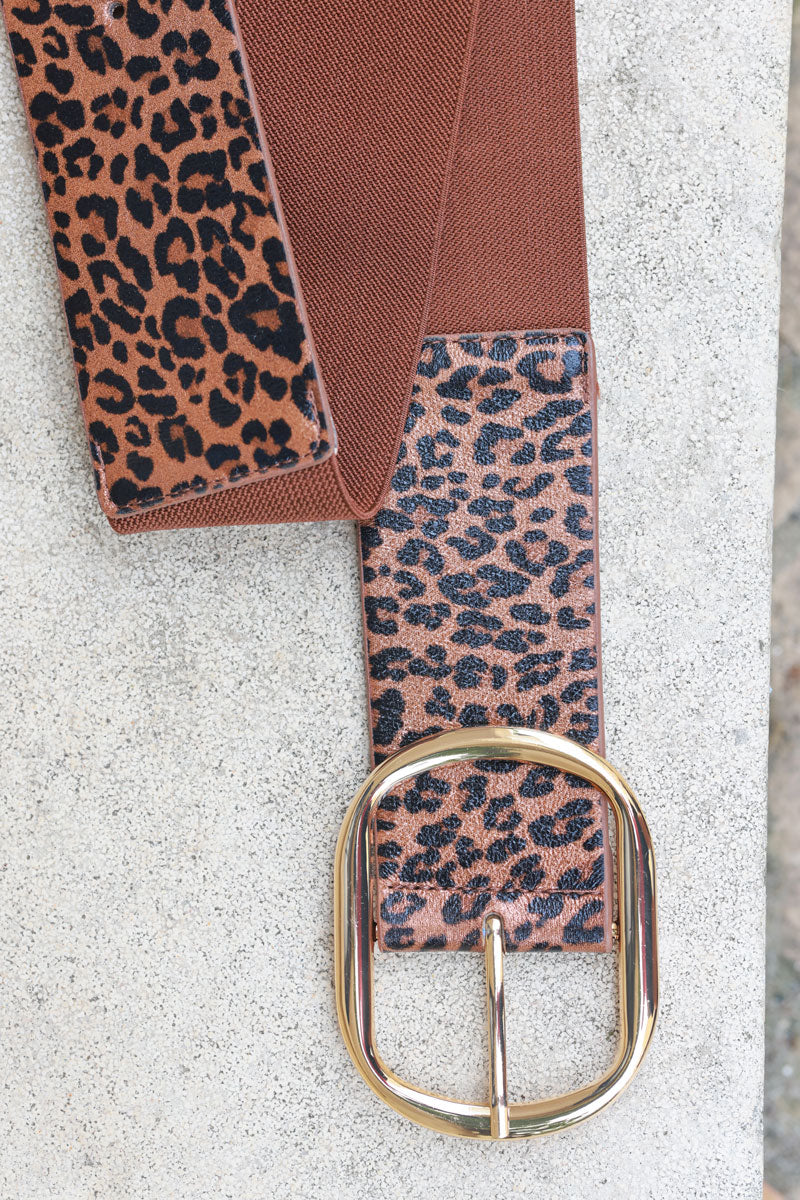 Camel leopard elastic belt with gold buckle