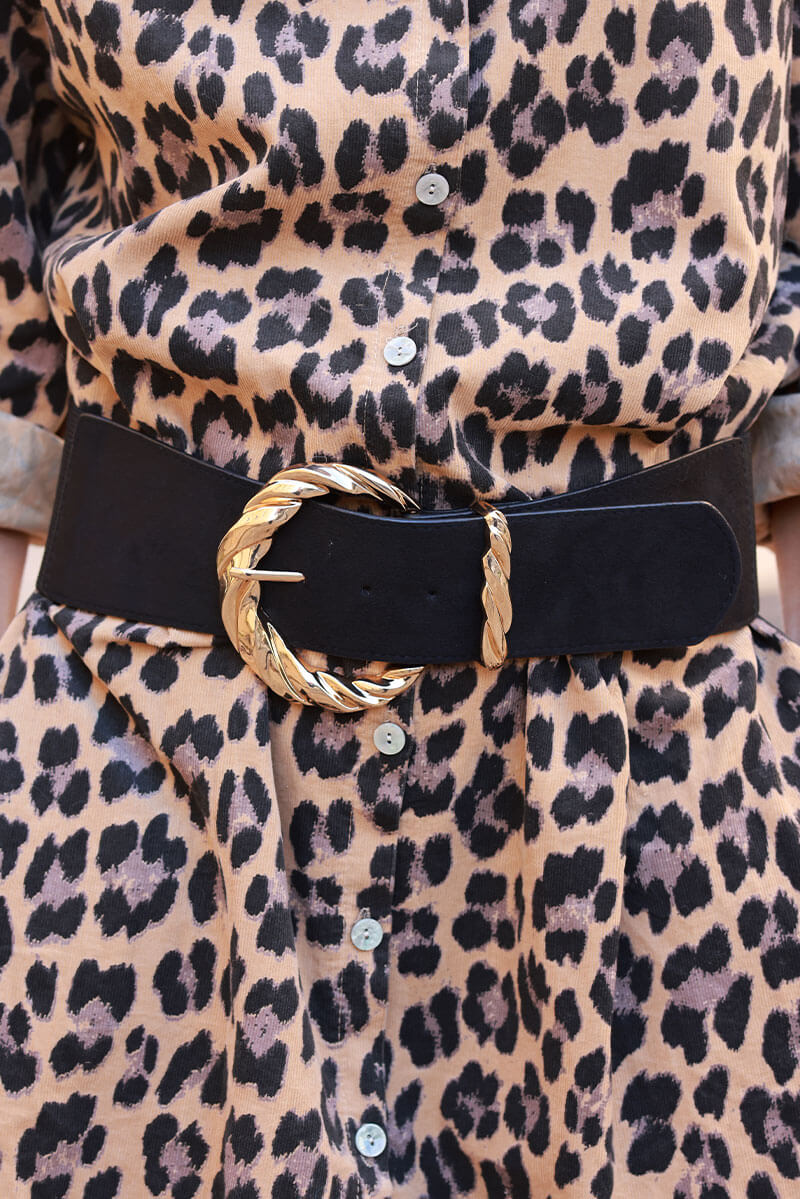 Black wide elasticated and suedette belt with gold twist buckle