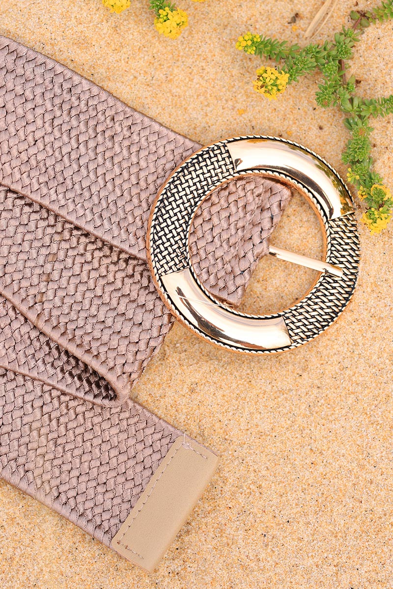Bronze woven raffia elasticated belt with gold buckle