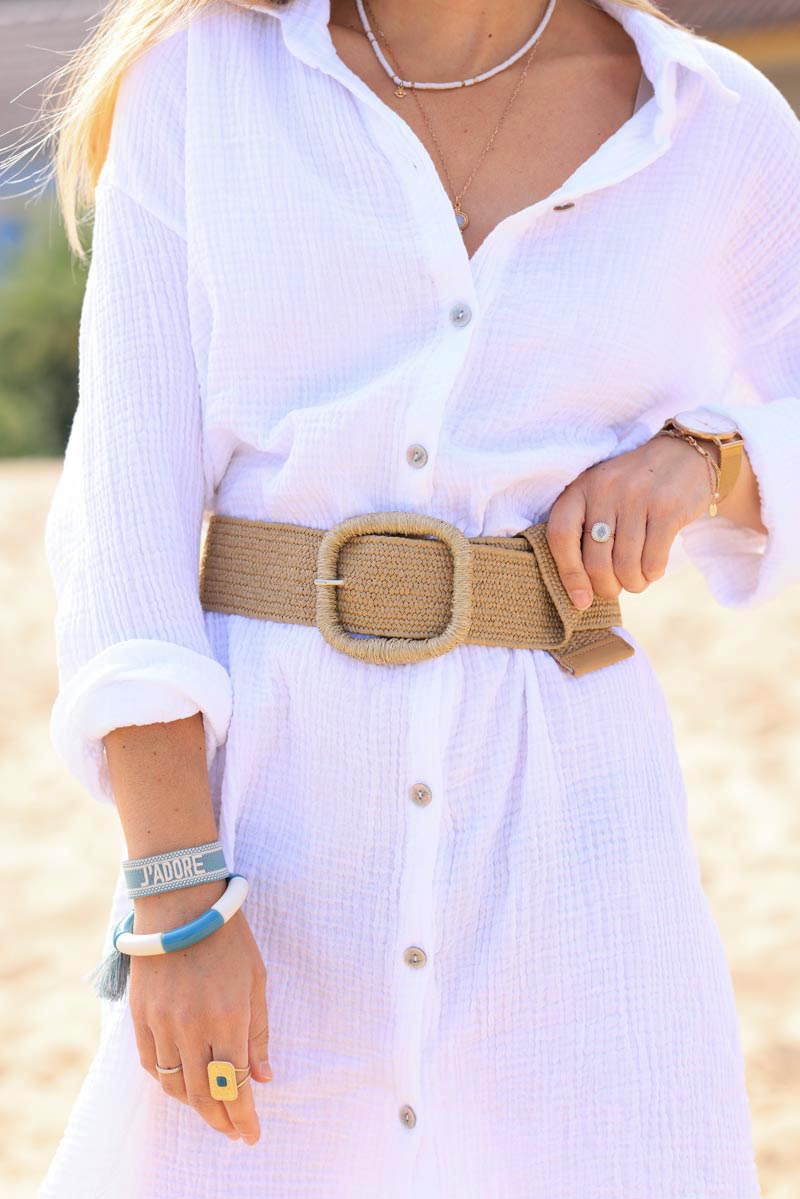 Raffia style elasticated belt with square rope buckle
