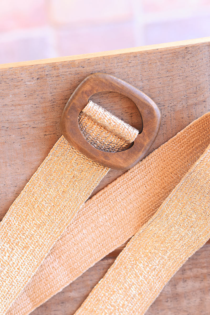 Gold raffia style with wooden buckle elasticated belt