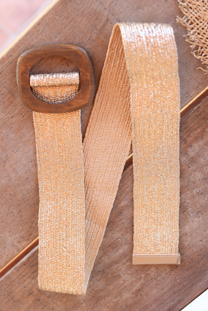 Gold raffia style with wooden buckle elasticated belt
