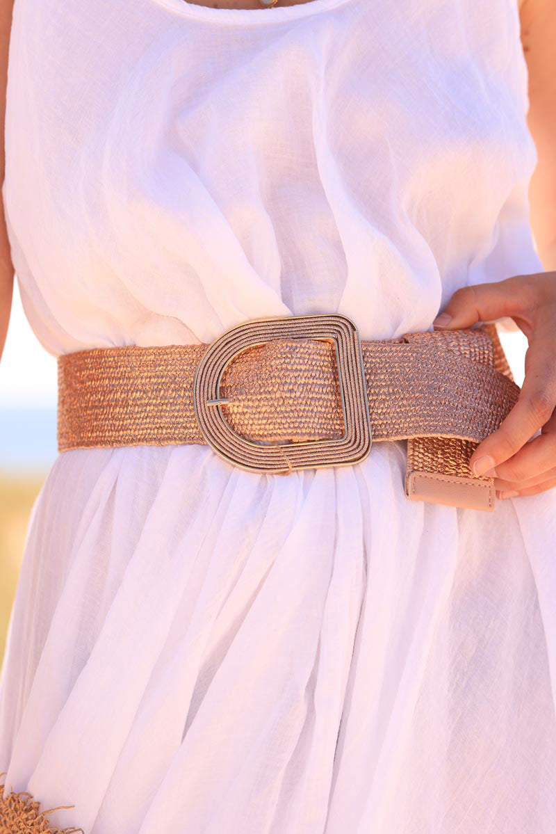 Rose gold elasticated raffia belt with gold buckle