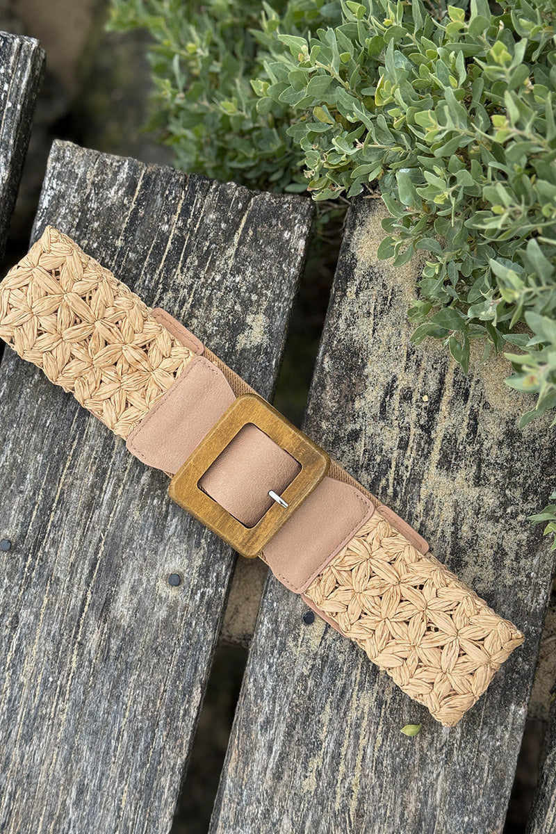 Ceinture élastique style raphia tressé taupe boucle bois carrée