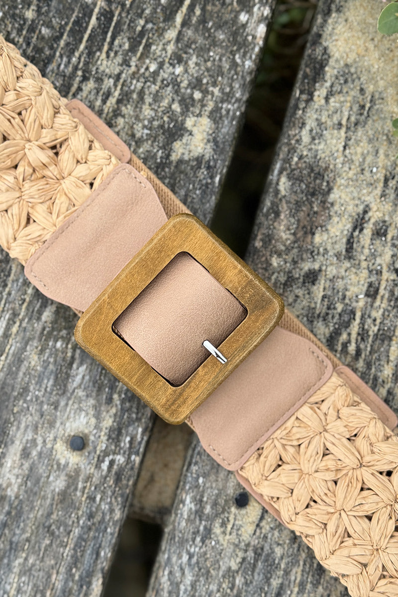 Ceinture élastique style raphia tressé taupe boucle bois carrée