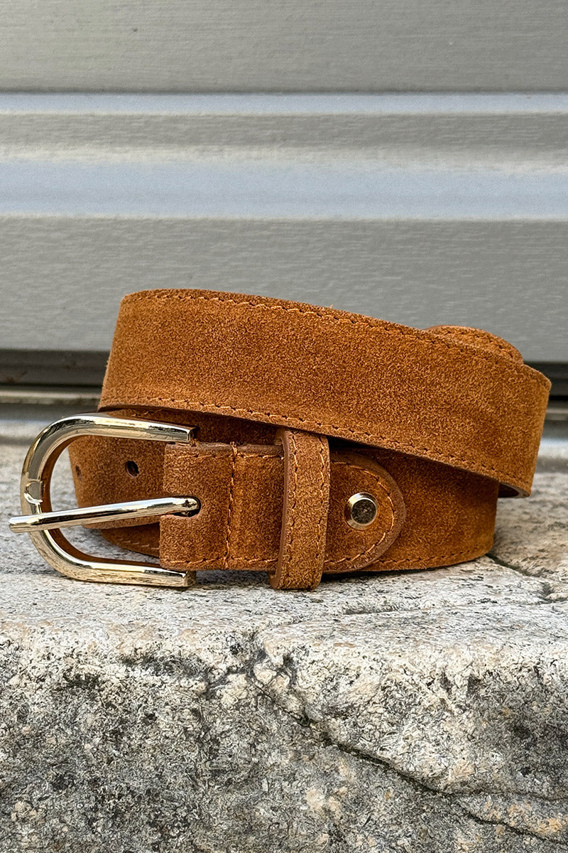 Camel Nubuck Leather Belt with Goldtone Buckle