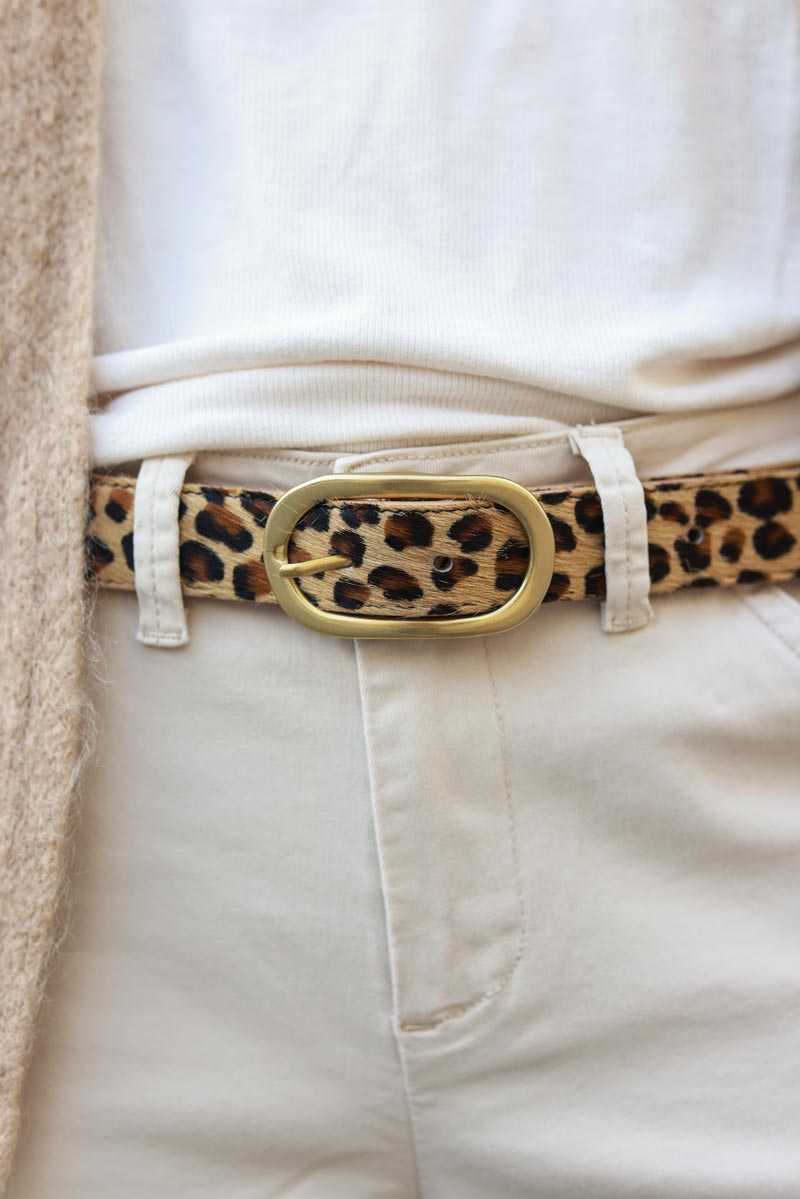 Leopard print leather belt