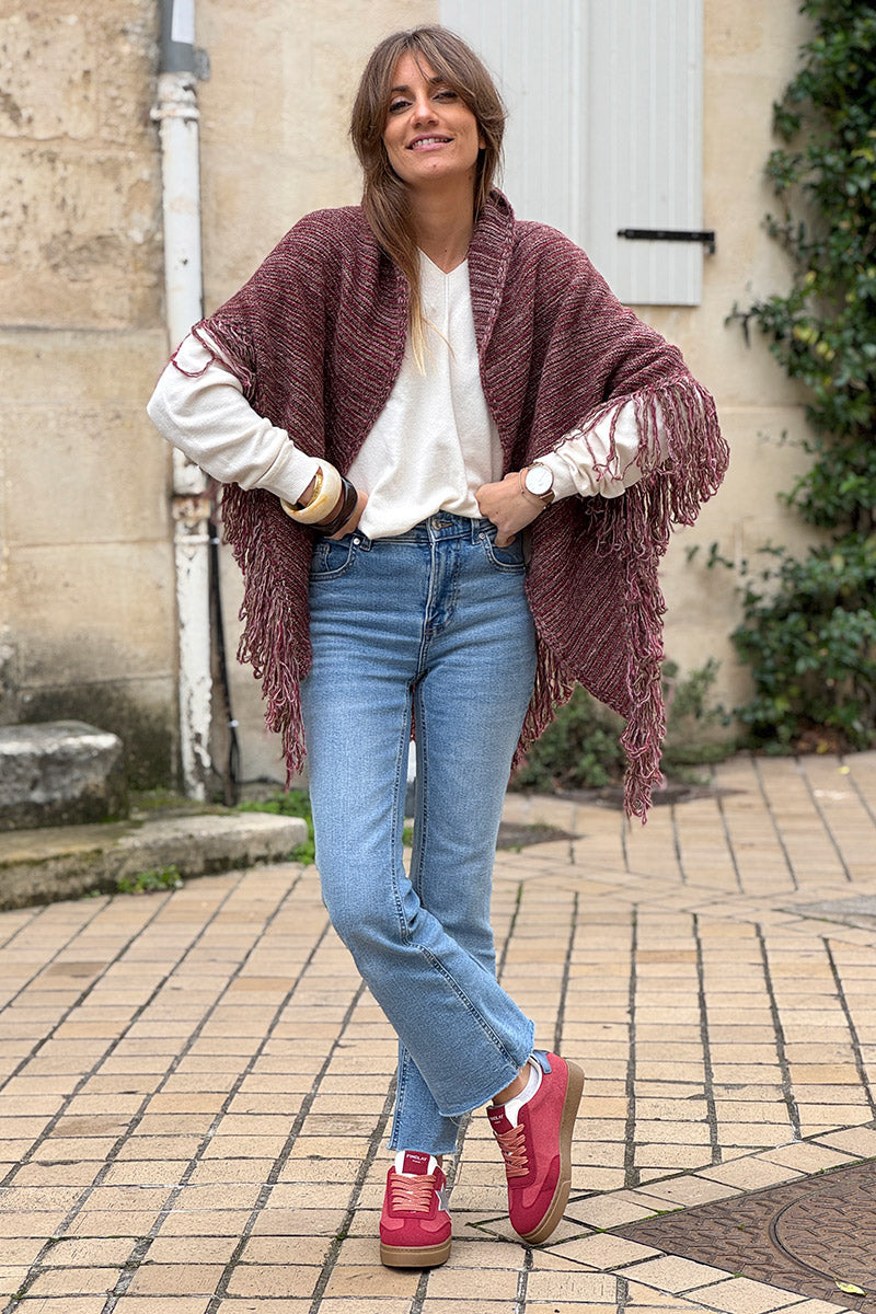 Châle à franges en maille chinée aubergine