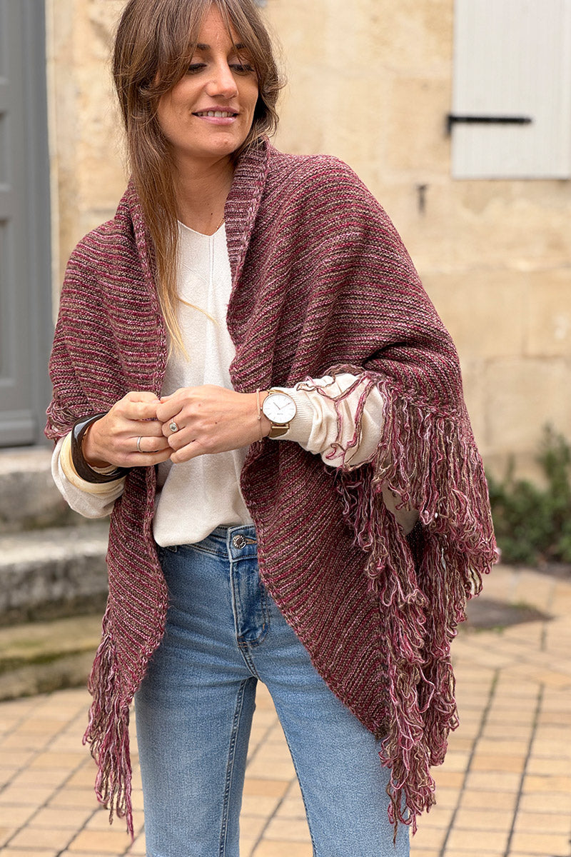 Châle à franges en maille chinée aubergine