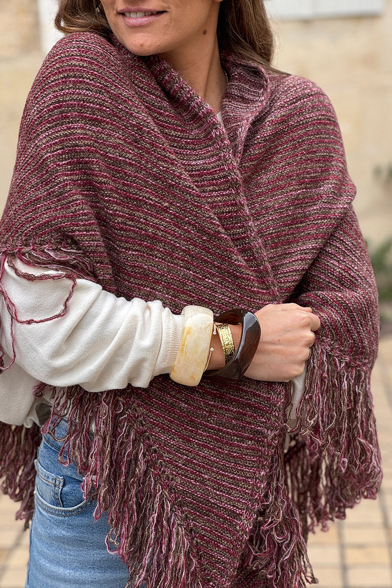 Châle à franges en maille chinée aubergine
