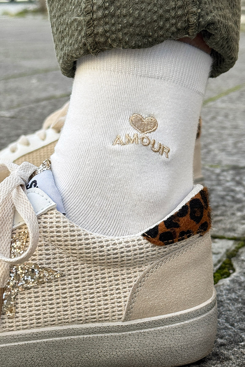 White Amour Heart Embroidered Crew Socks