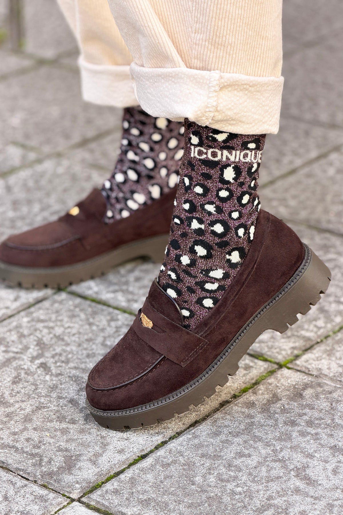 Chocolate Brown ICONIQUE Leopard Print Socks
