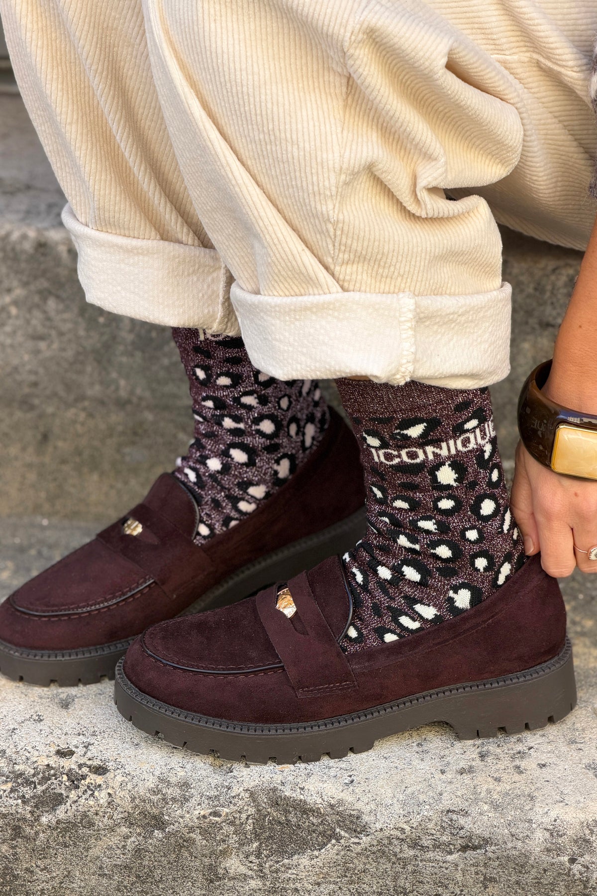 Chocolate Brown ICONIQUE Leopard Print Socks