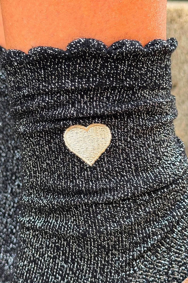 Black Glitter Knit Coquette Heart Socks