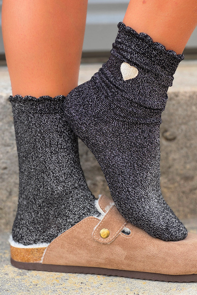 Black Glitter Knit Coquette Heart Socks