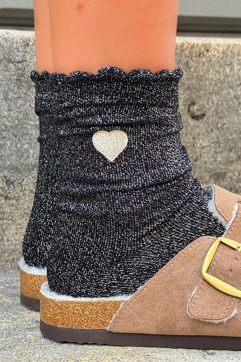 Black Glitter Knit Coquette Heart Socks