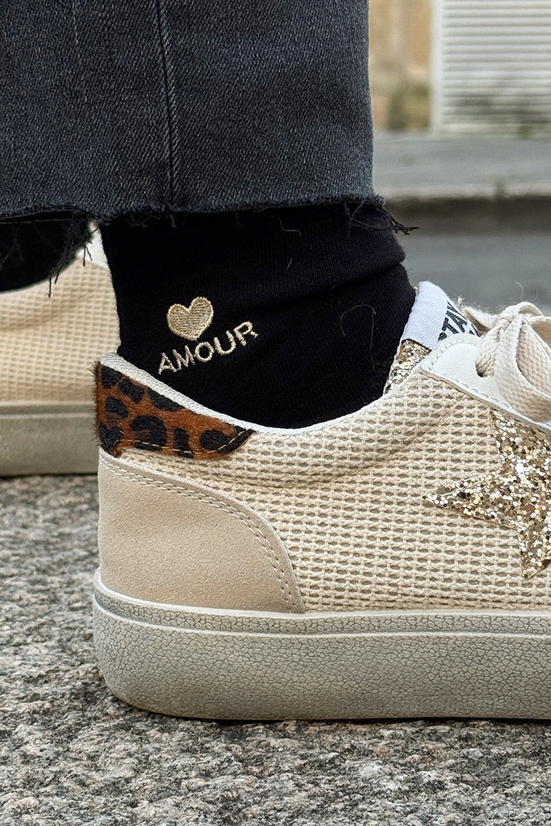 Black Amour Heart Embroidered Crew Socks