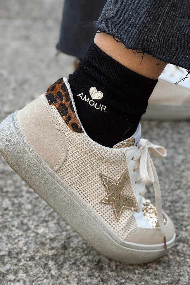 Black Amour Heart Embroidered Crew Socks