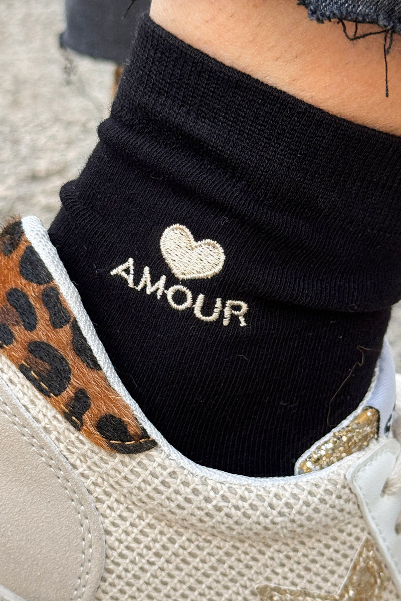 Black Amour Heart Embroidered Crew Socks