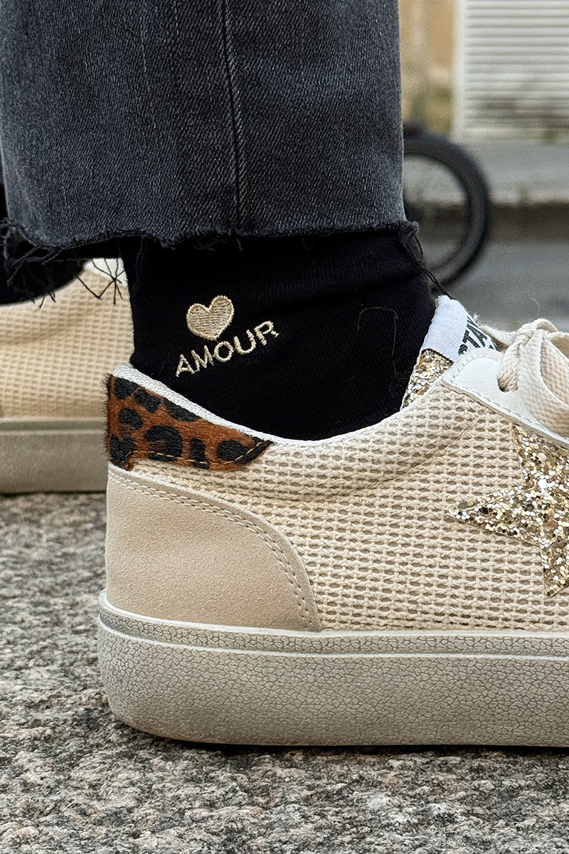 Black Amour Heart Embroidered Crew Socks