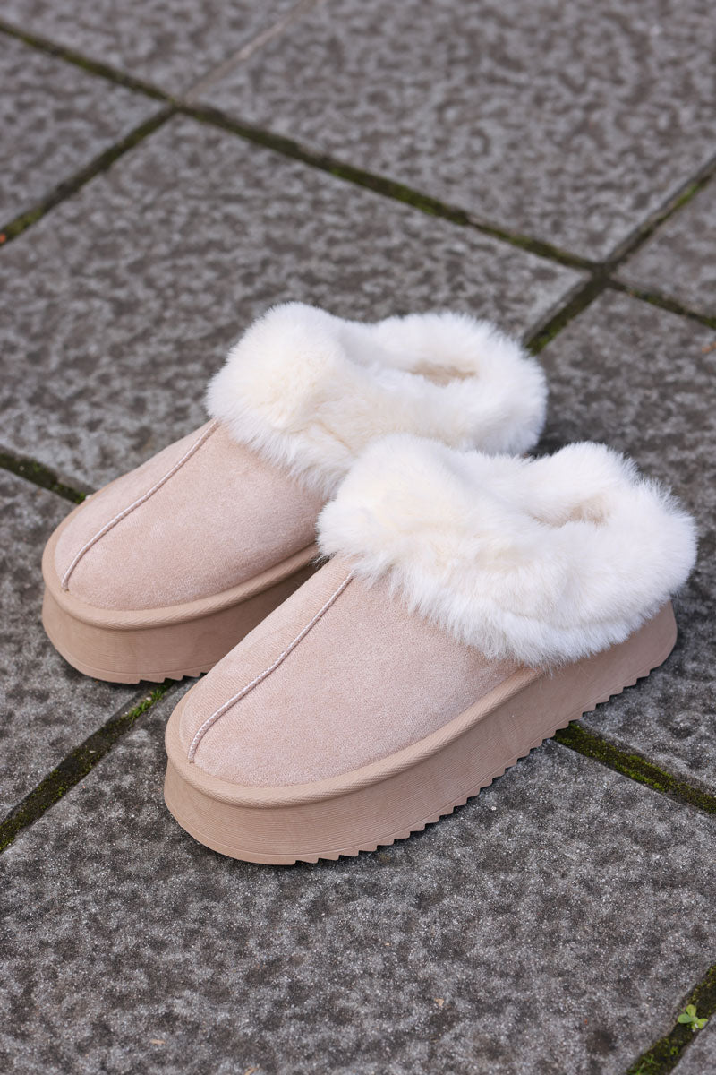 Cream Sueded Slip-On Clogs with Faux Fur Trim